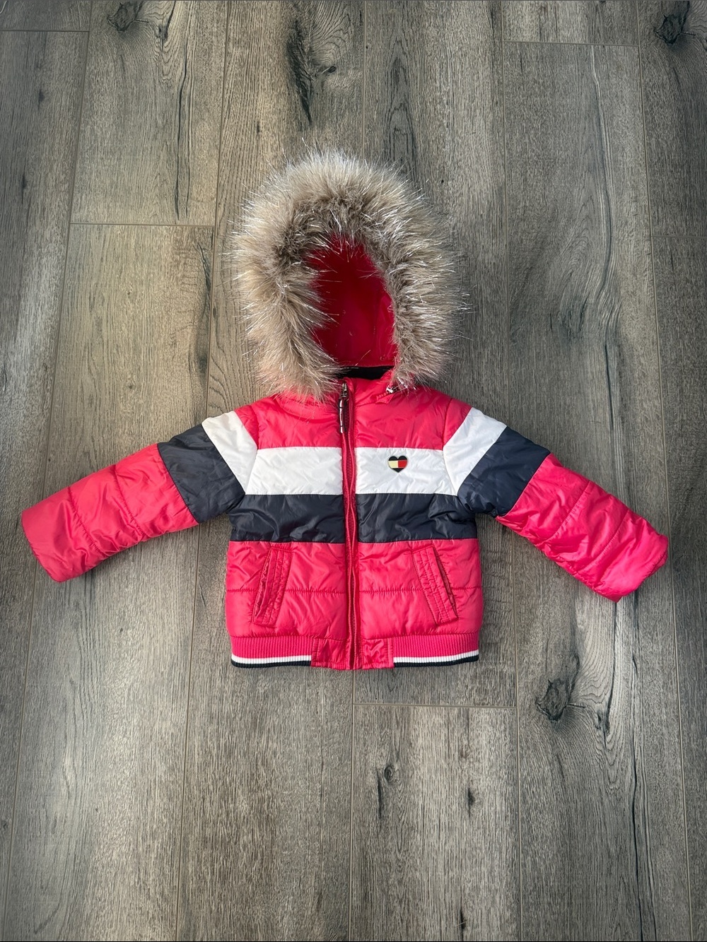 Tommy Hilfiger Red, White & Navy Puffer Jacket with Faux Fur Hood